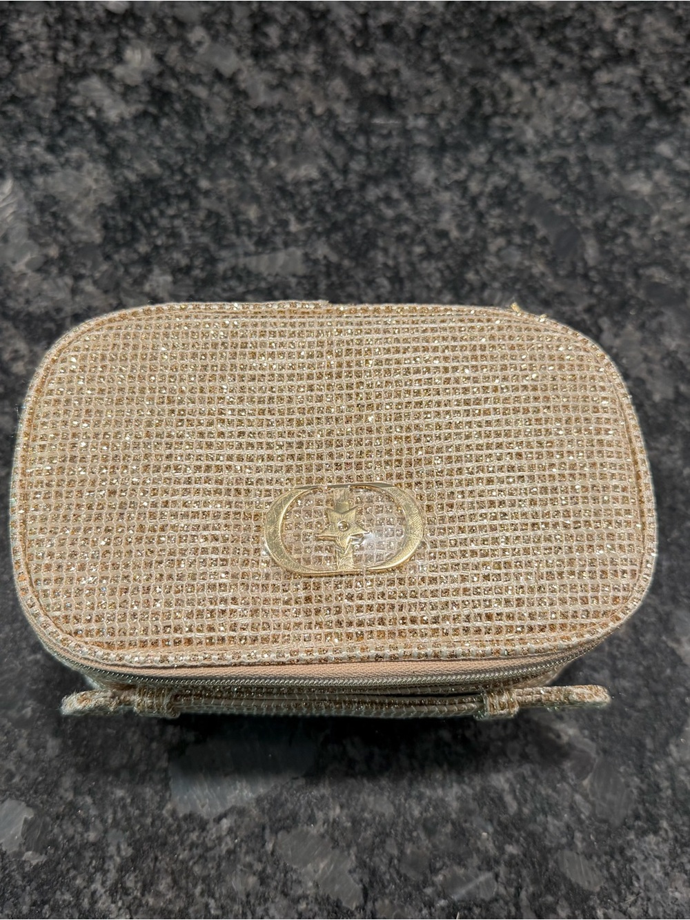 Dior Gold Rhinestone Cosmetic Case with Signature Medallion